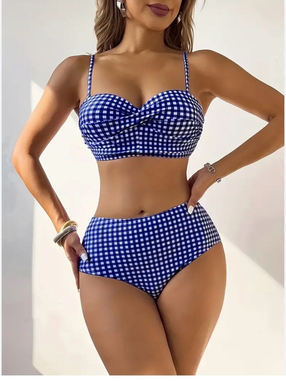 Blue White Gingham Bikini High-Waist Bathing Suit Swimsuit Coquette Large